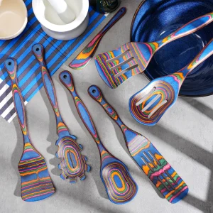 7Pcs Blue Pakkawood Wooden Cooking Utensils